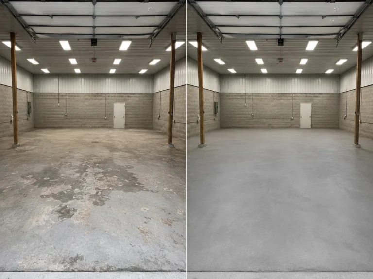 Coralville shop concrete during preparation and localized spalling repair before epoxy flooring