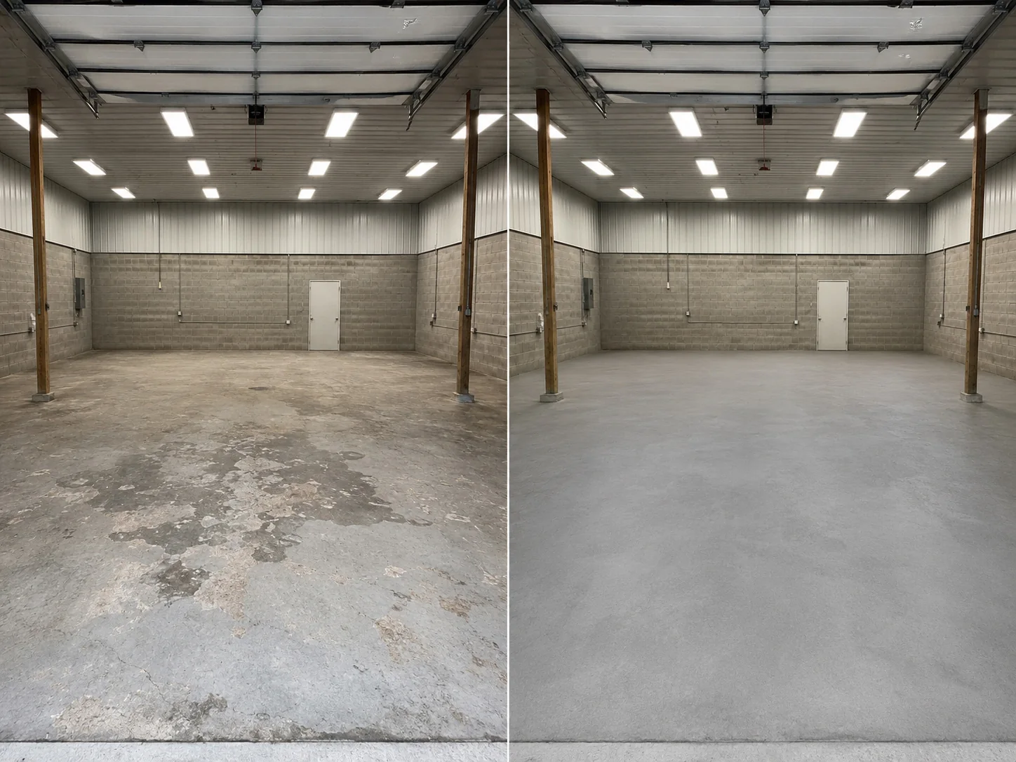 Coralville shop concrete prepared with localized spalling repair before a floor coating installation