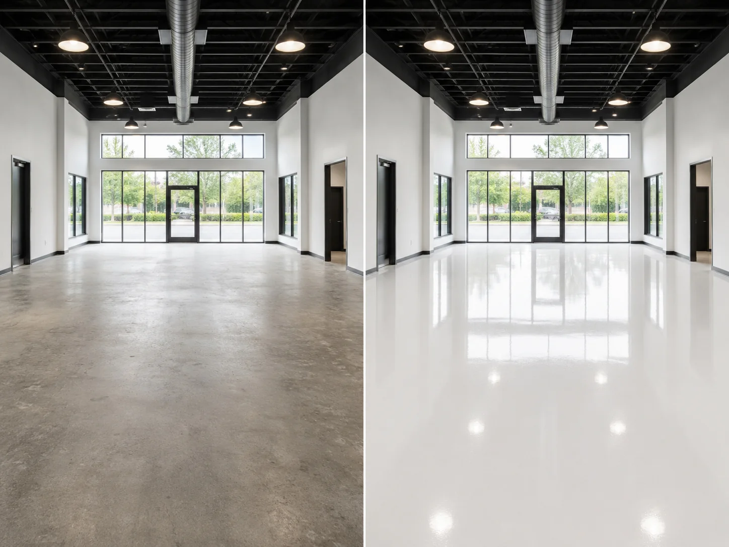 Bright white gloss epoxy floor coating in a Coralville showroom