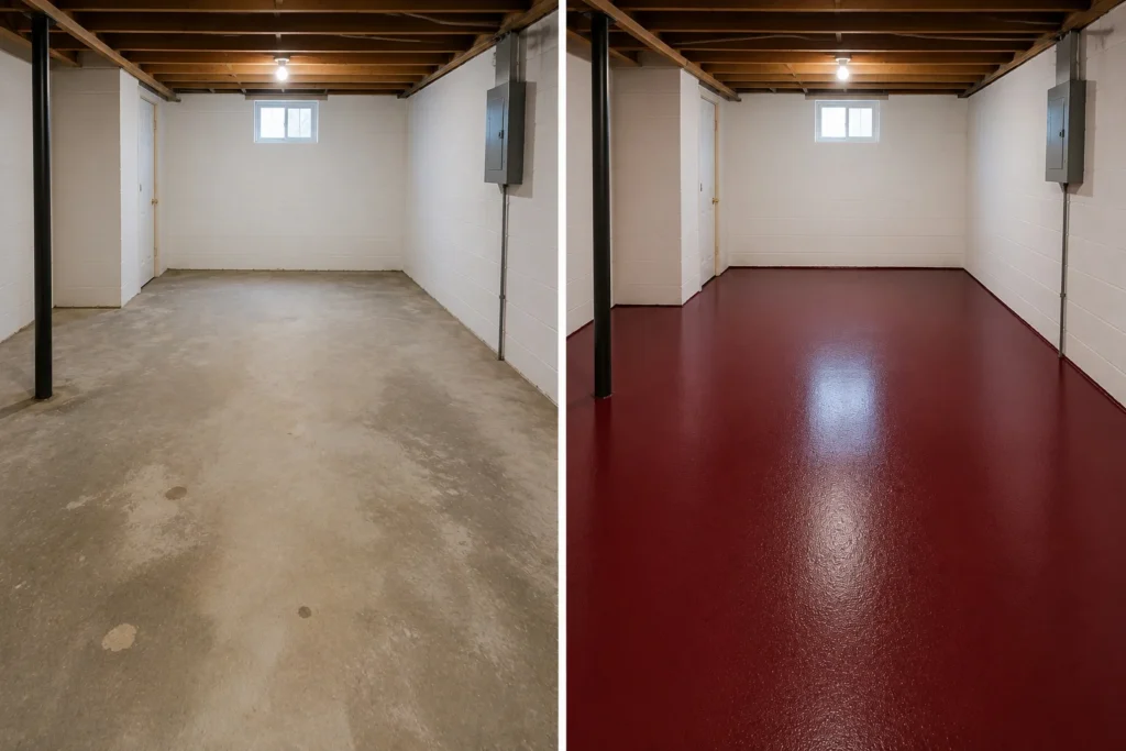 Burgundy Basement Floor Coating Before and After in Davenport, Iowa