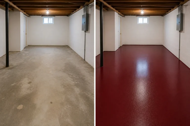 Burgundy Basement Floor Coating Before and After in Davenport, Iowa