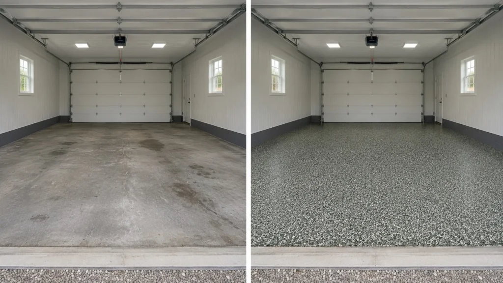 Gray decorative flake garage floor transformation in Dubuque Iowa