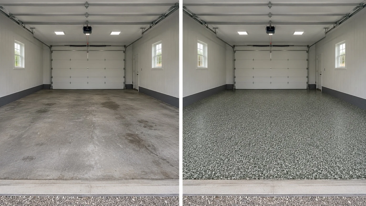 Gray decorative flake garage floor transformation in Dubuque Iowa