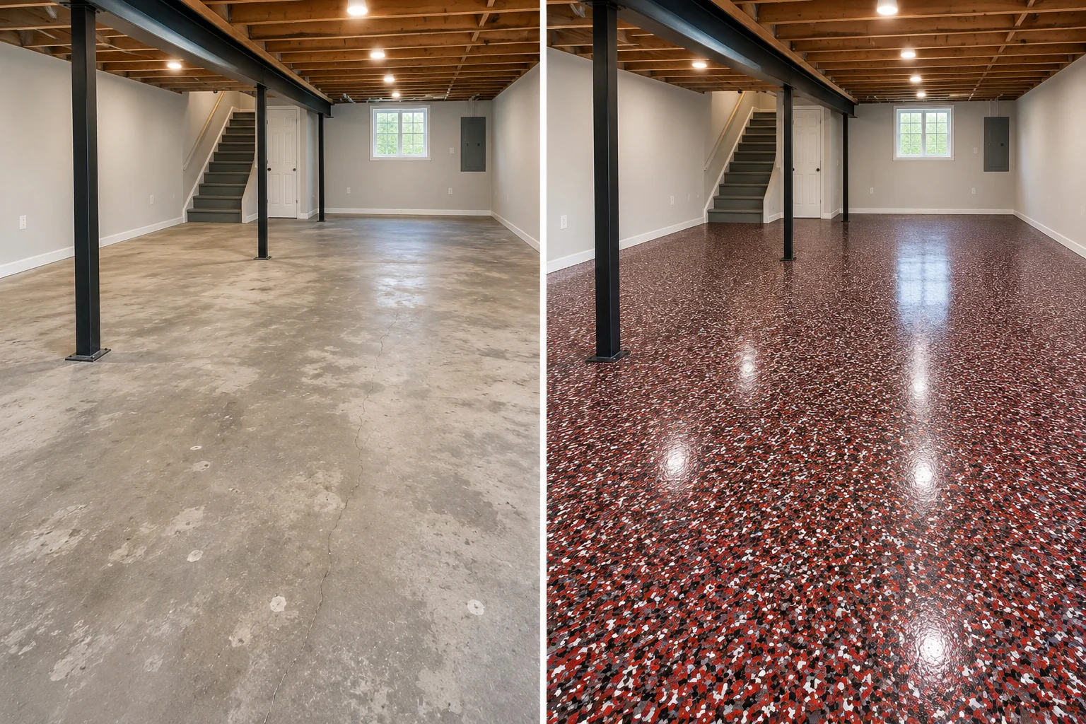 Red and black flake basement floor coating before and after in the Dubuque area