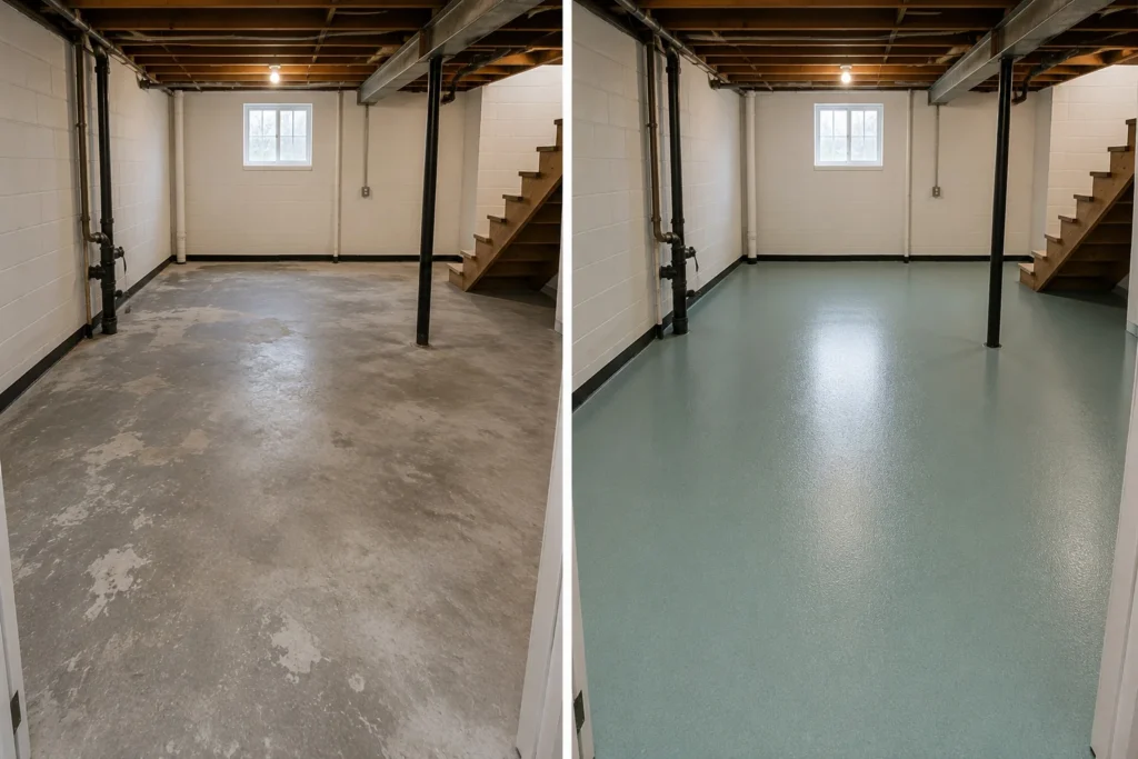 Seafoam Basement Floor Coating Before and After in Dyersville, Iowa