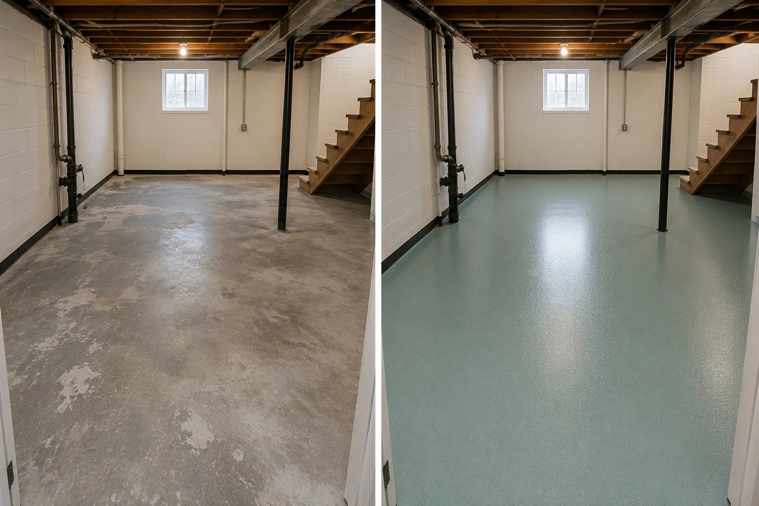 Seafoam basement floor coating before and after in Dyersville Iowa