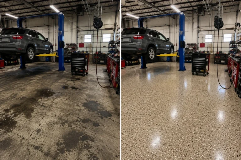 Before-and-after view of an auto service bay concrete floor refinished with a warm tan flake epoxy coating in Eastern Iowa.