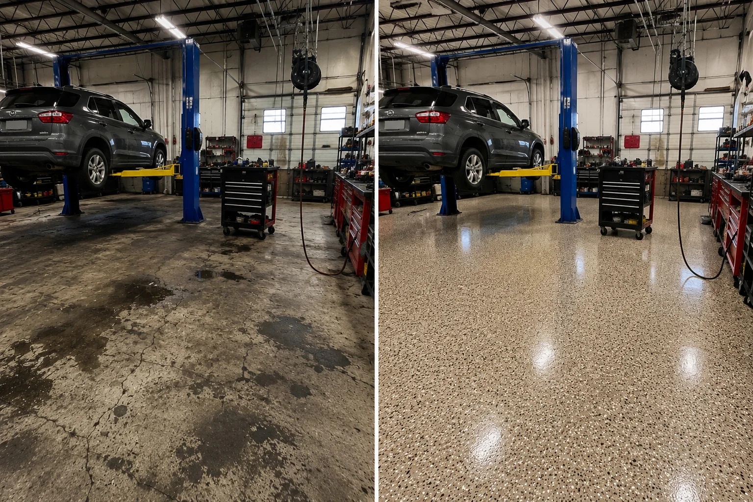 Eastern Iowa auto service bay before and after a warm tan decorative flake floor coating