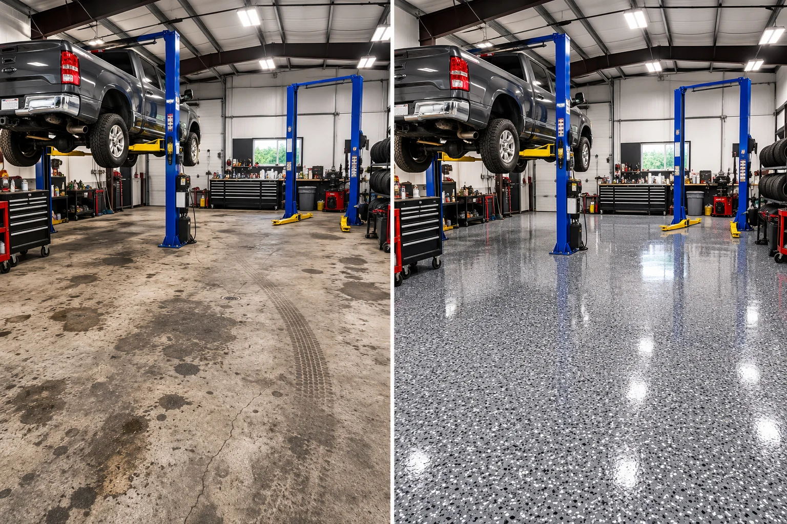 Before and after view of an Eastern Iowa auto shop floor upgraded with a gray decorative flake coating system
