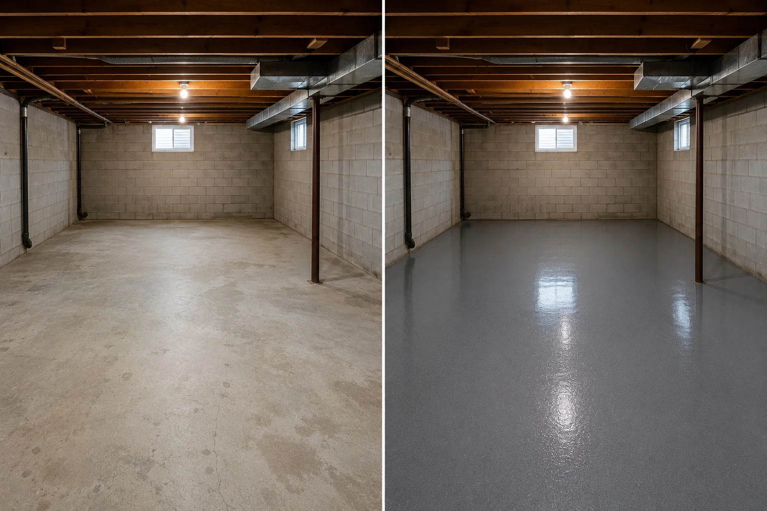 Eastern Iowa basement concrete before and after a medium gray finished floor coating