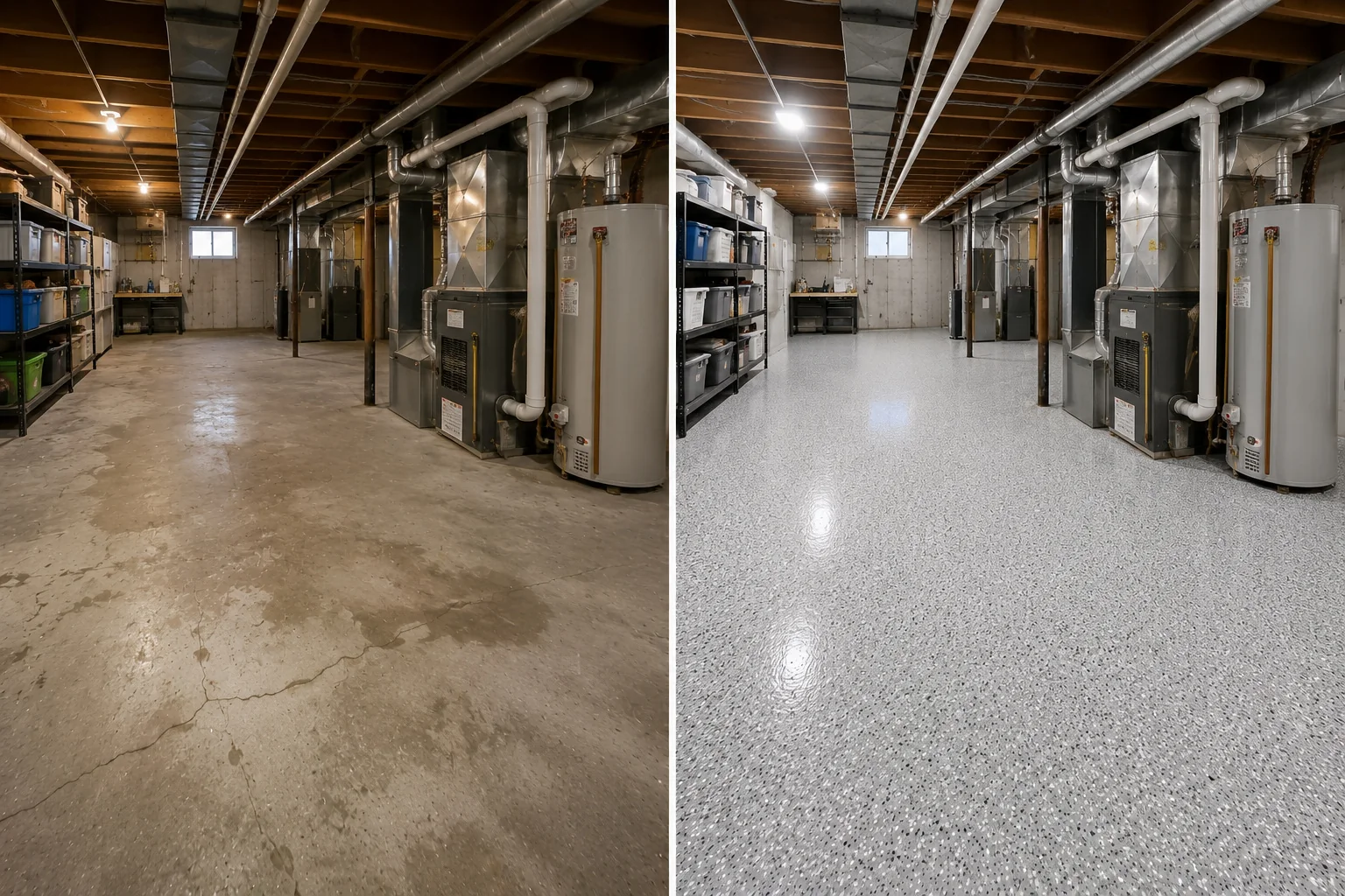 Eastern Iowa rental property basement storage floor transformed with a light gray decorative flake coating