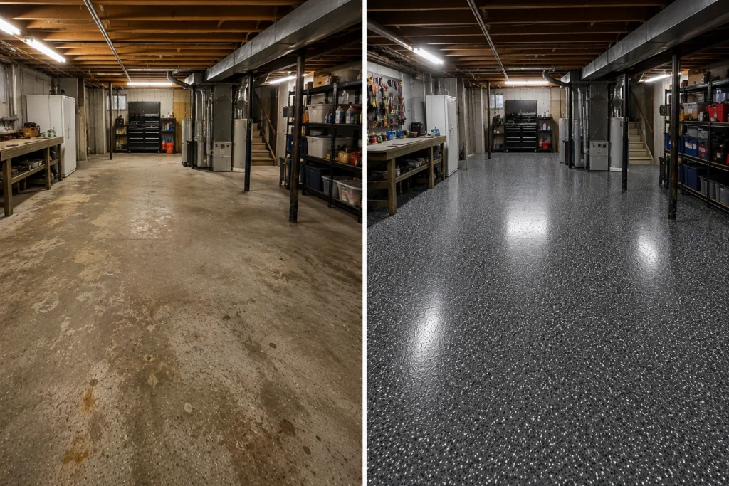 Basement workshop floor before and after installation of a dark charcoal decorative flake epoxy coating in Eastern Iowa.