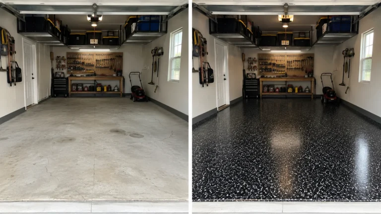 Black decorative flake garage floor coating before and after in Eastern Iowa