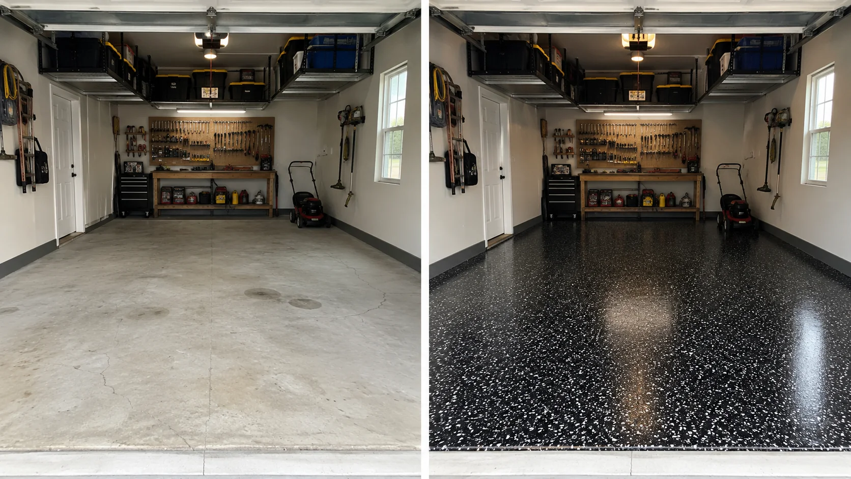Eastern Iowa garage before and after a black decorative flake floor coating
