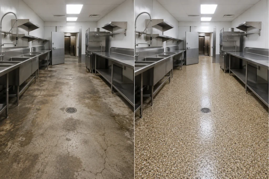 Commercial food preparation kitchen floor before and after a warm tan flake coating installation in Eastern Iowa.