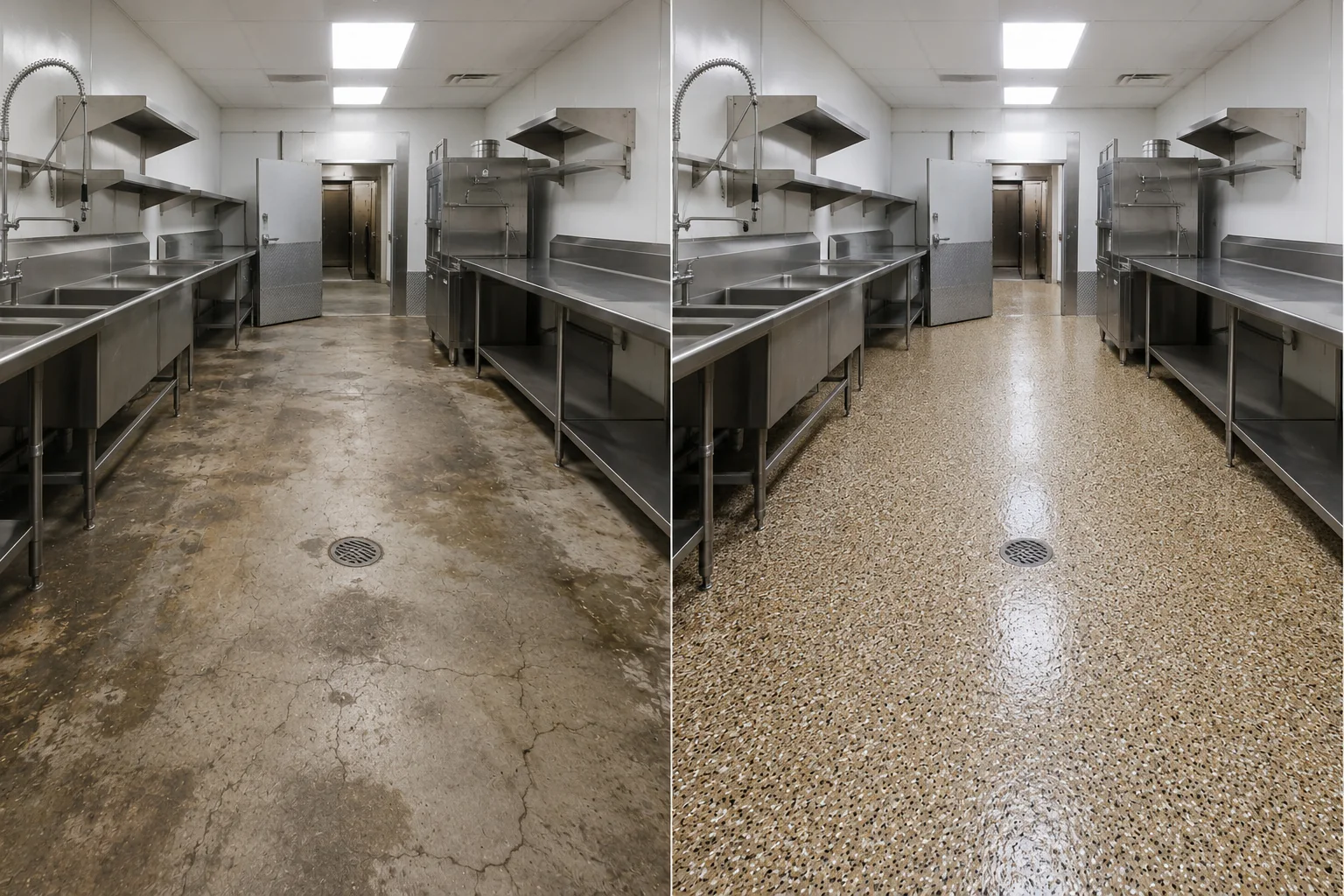 Eastern Iowa commercial food preparation kitchen before and after a warm tan decorative flake floor coating