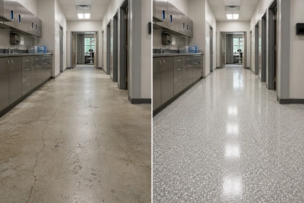 Commercial kitchen service corridor with stainless counter shown before and after a gray flake floor coating in Eastern Iowa.