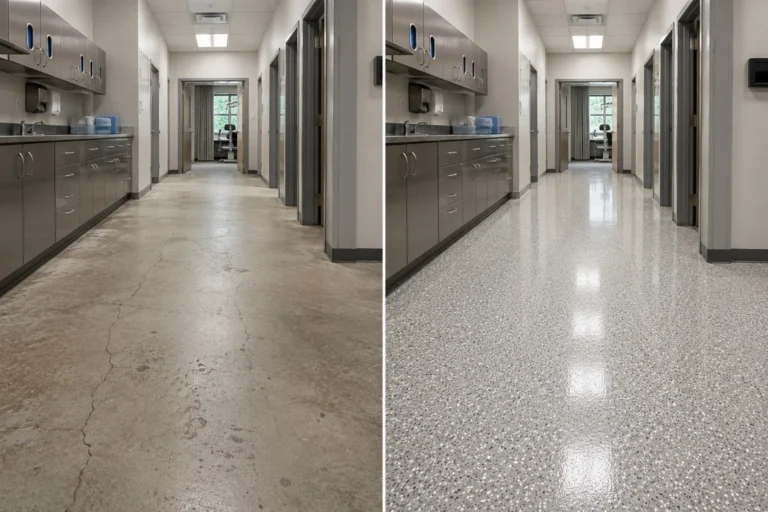 Commercial kitchen service corridor with stainless counter shown before and after a gray flake floor coating in Eastern Iowa.