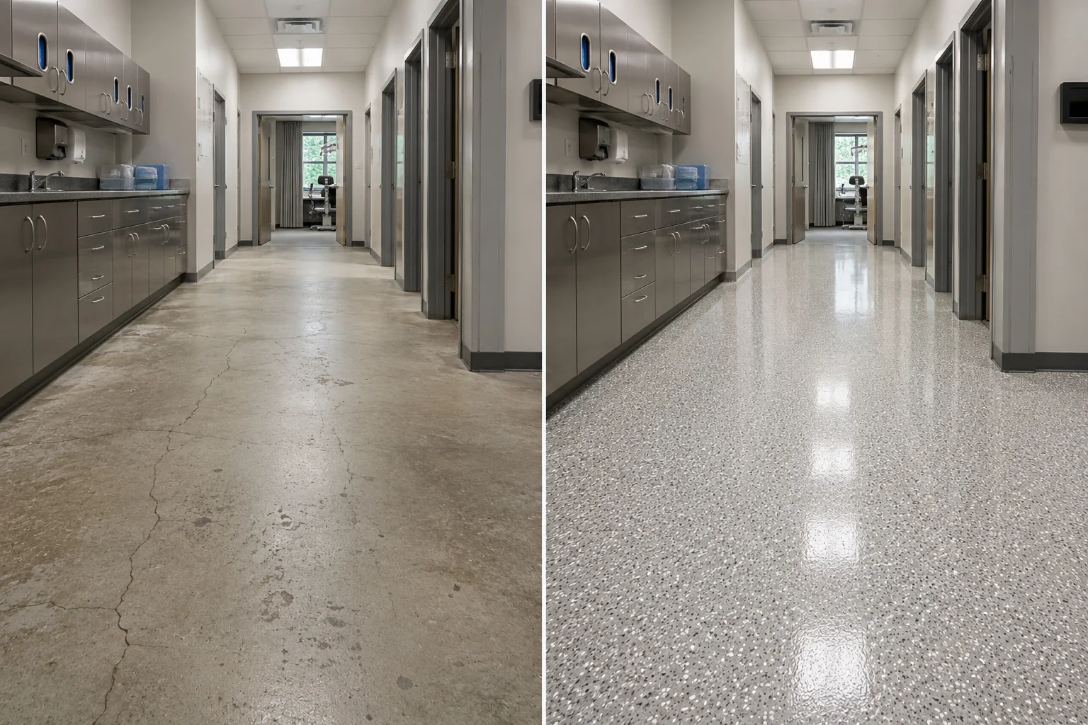 Gray decorative flake commercial kitchen corridor floor coating before and after in Eastern Iowa