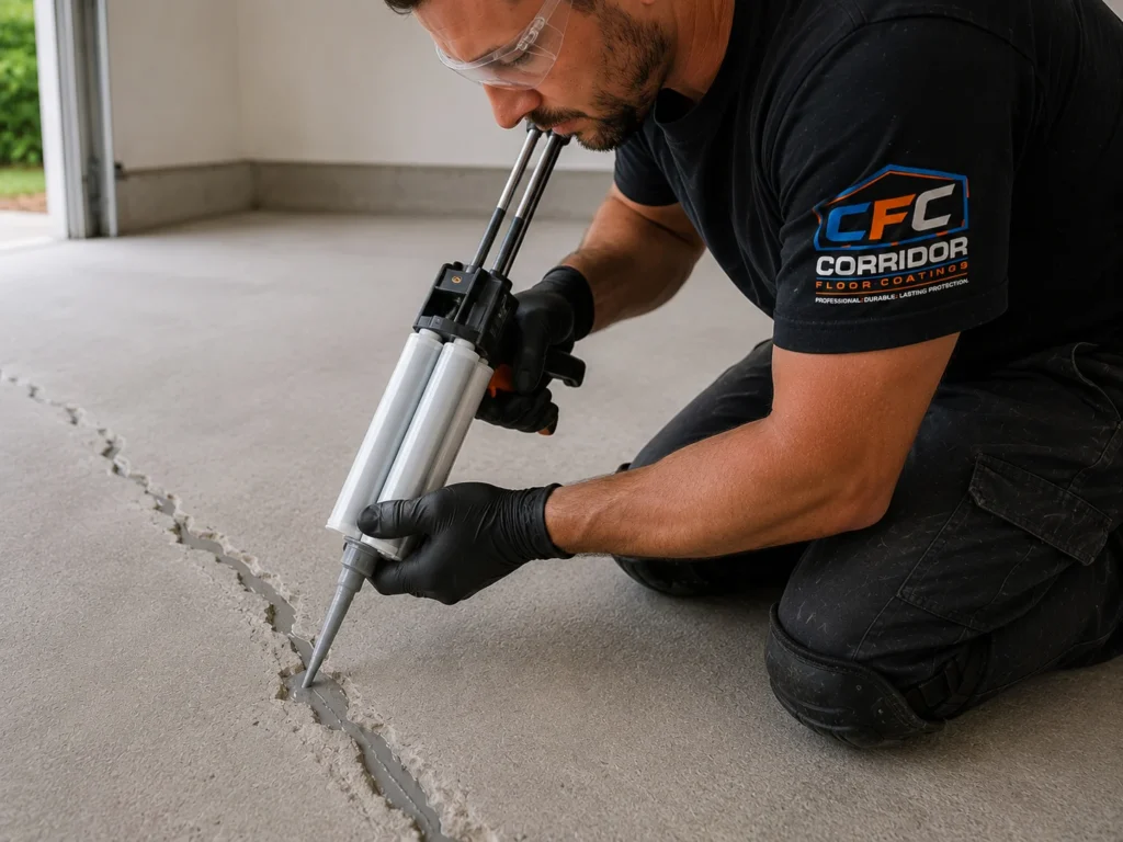 Closeup of an Eastern Iowa concrete crack repair prepared as part of a floor coating project
