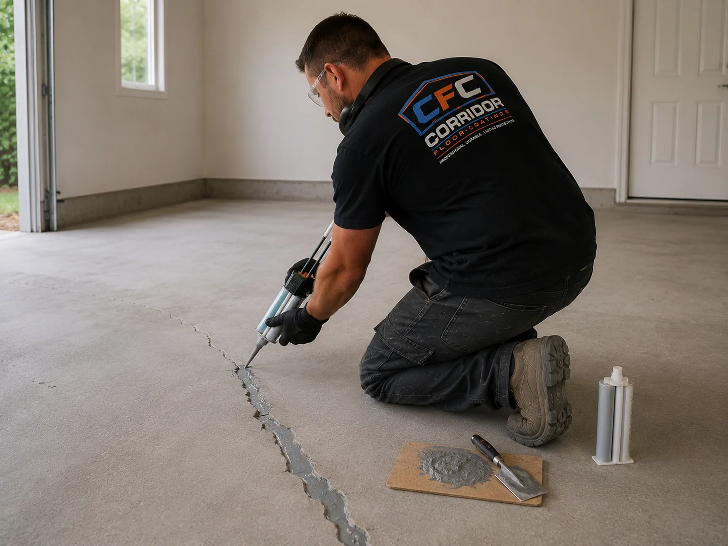Corridor Floor Coatings technician repairing a long concrete floor crack before coating