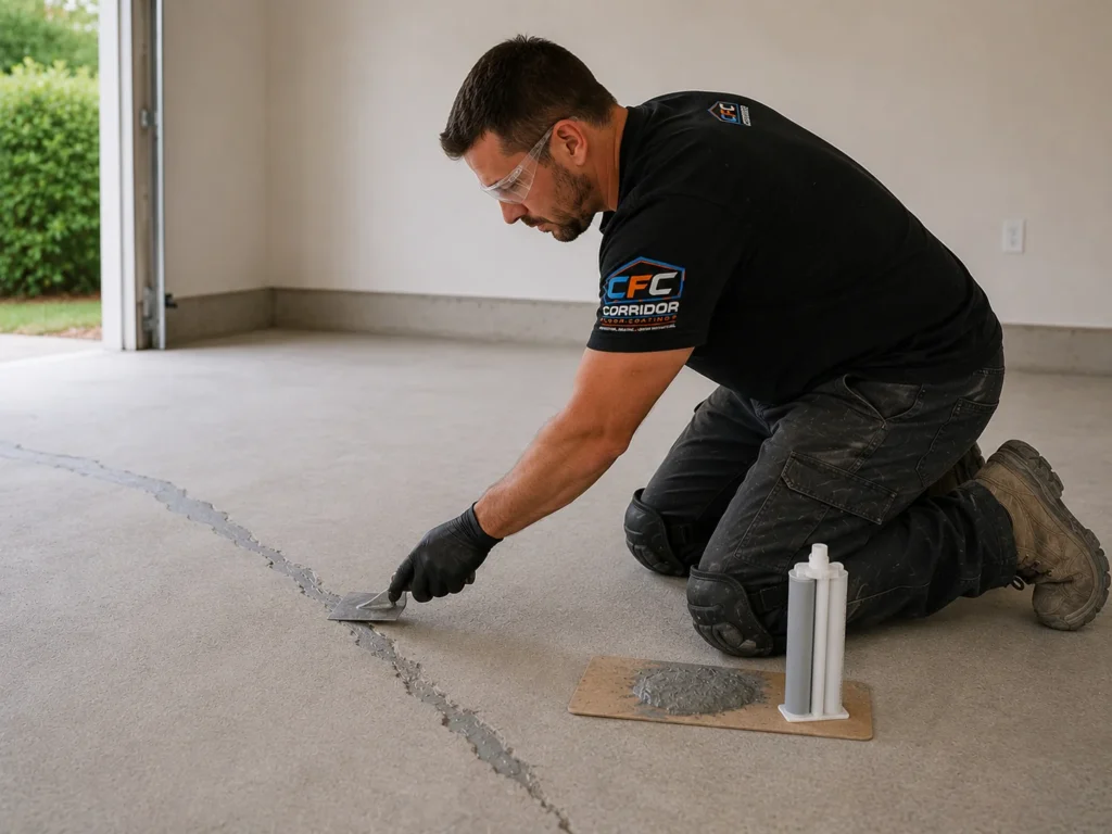 Concrete floor crack repair side view in Eastern Iowa