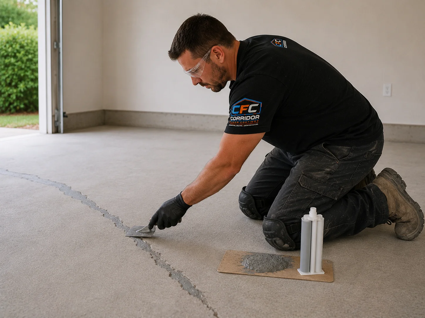 Side view of professional concrete crack preparation before a floor coating in Eastern Iowa