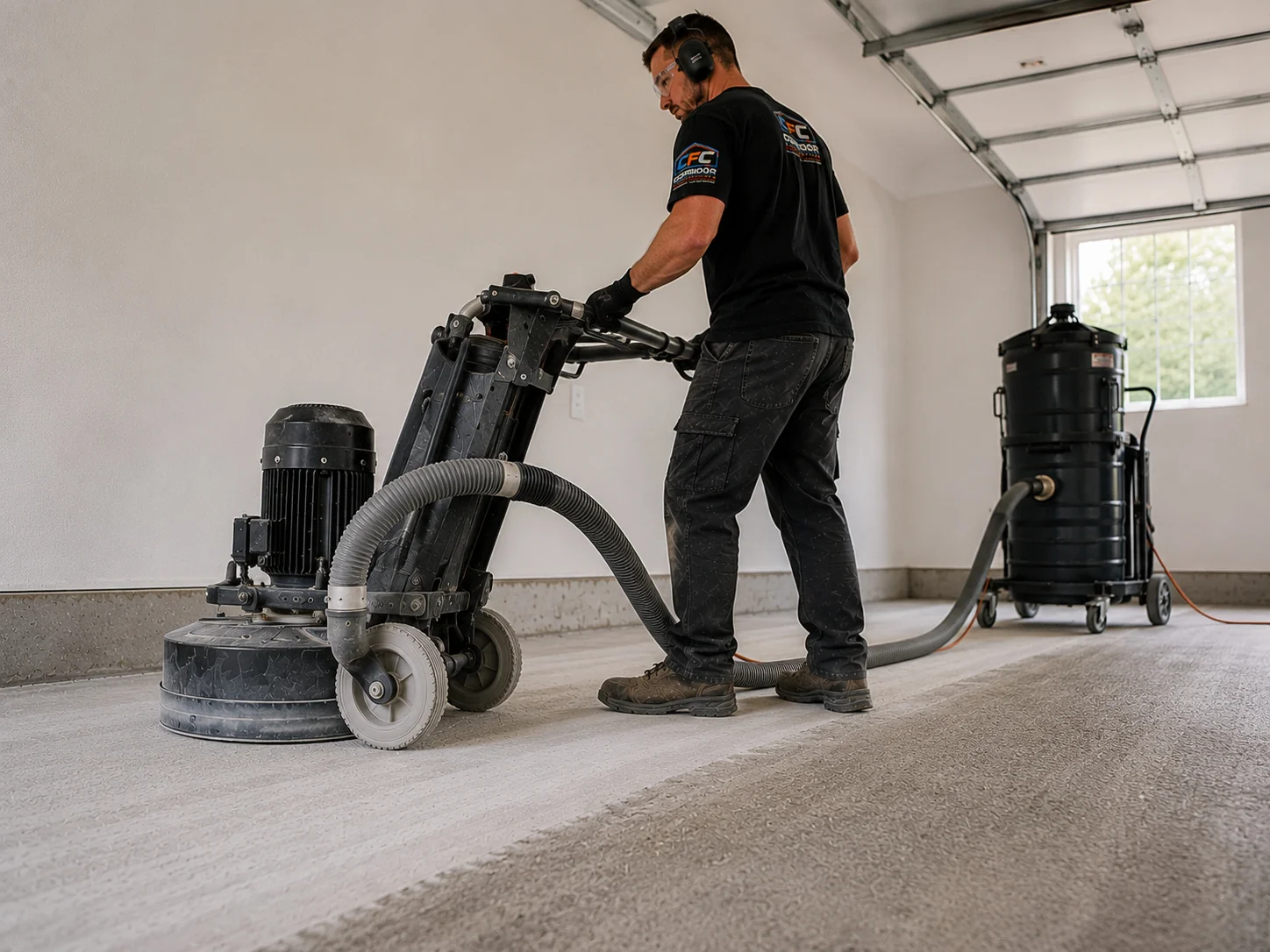Low angle view of professional concrete grinding and surface profiling for an Eastern Iowa floor coating