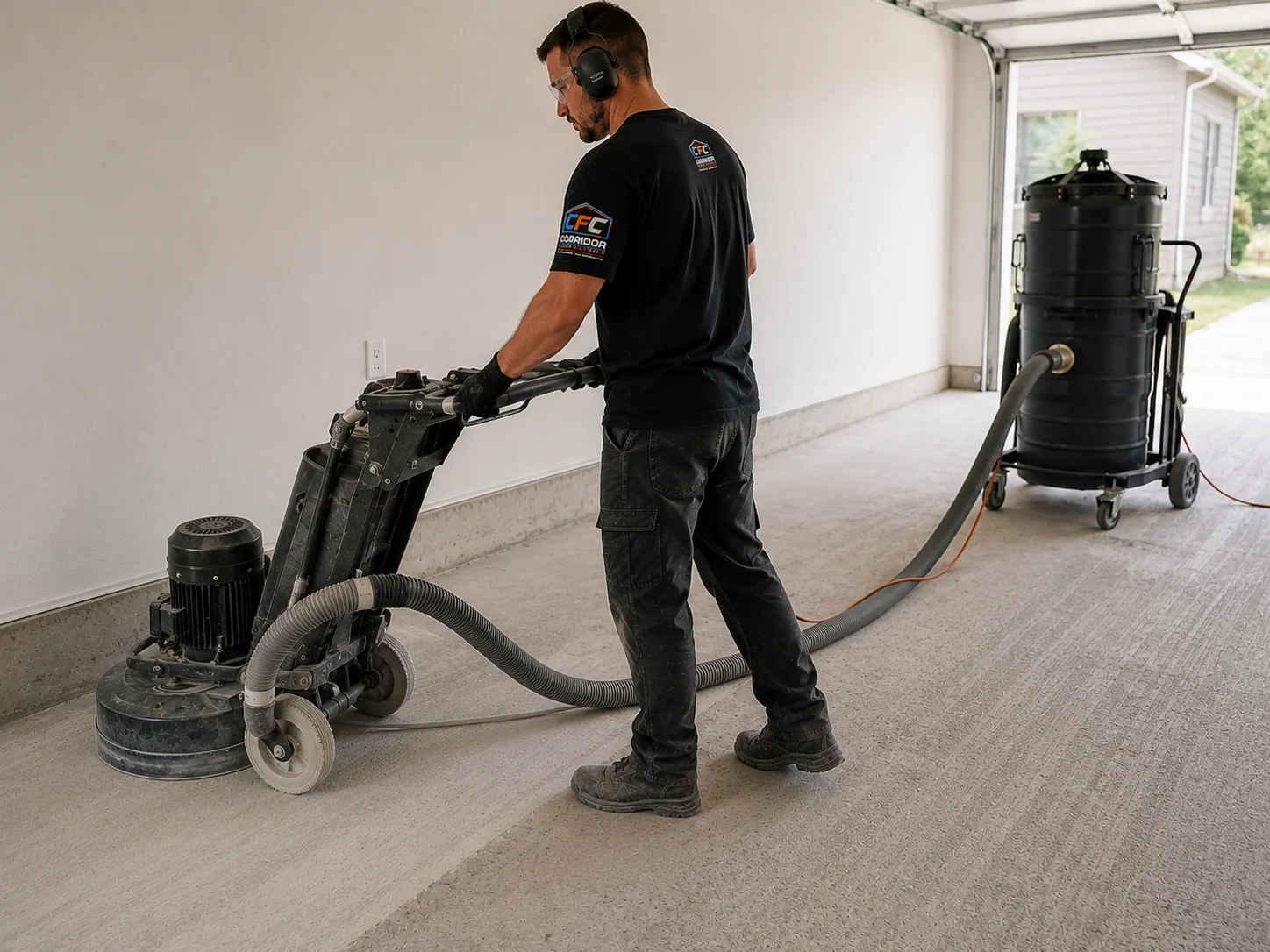 Professional concrete grinding along a wall after old coating removal in Eastern Iowa