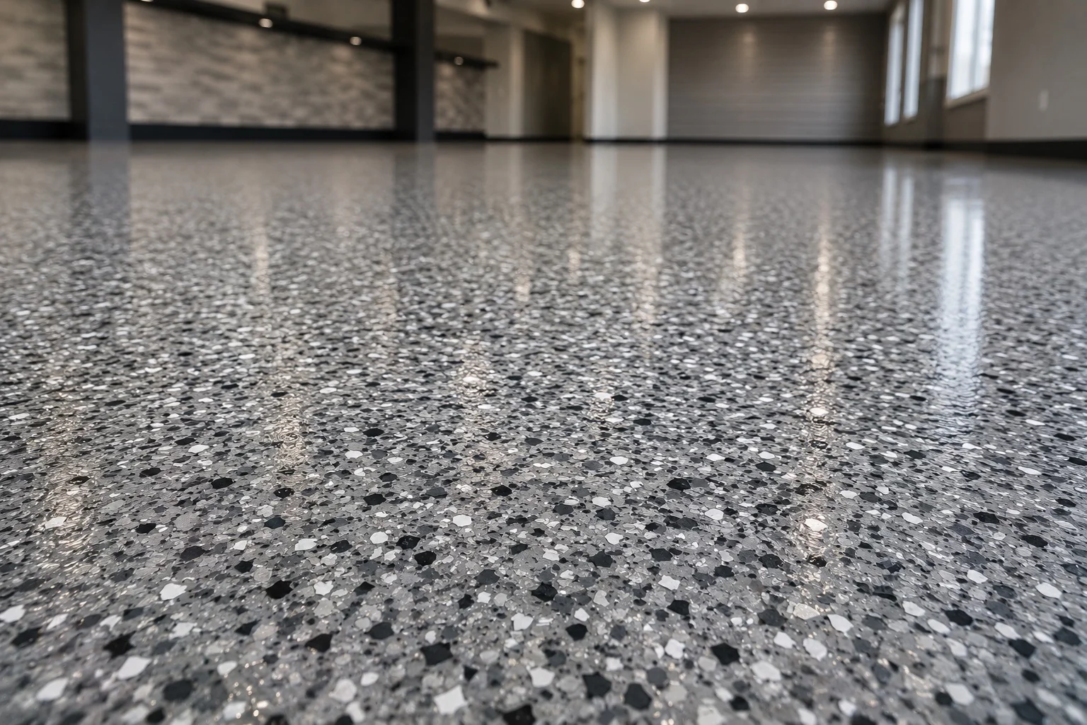 Close view showing balanced gray decorative floor colors and visual movement in Eastern Iowa