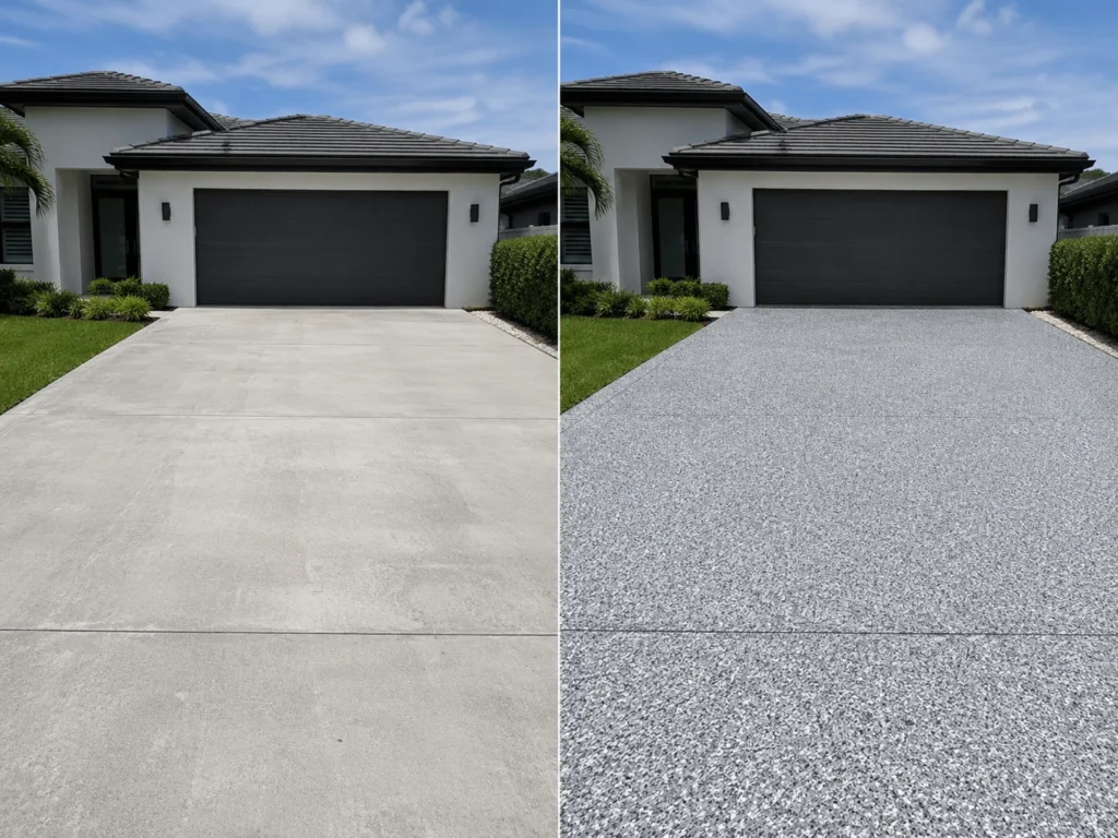 Eastern Iowa driveway finished in a light gray white silver and charcoal decorative flake coating