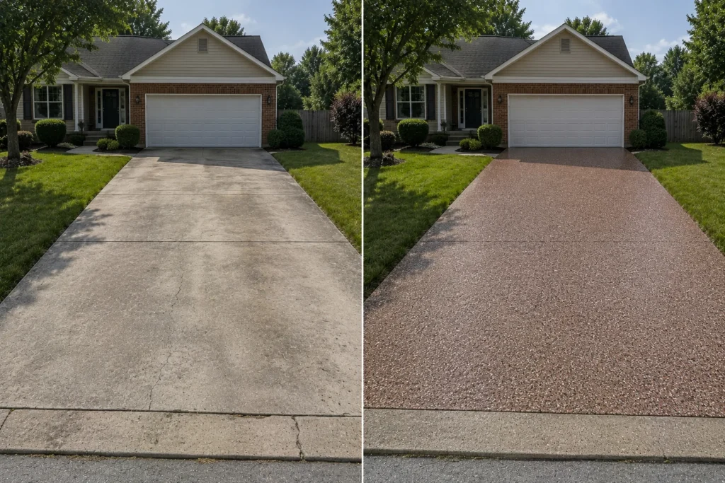 Eastern Iowa vehicle-use concrete finished with a red oxide black and gray decorative flake coating