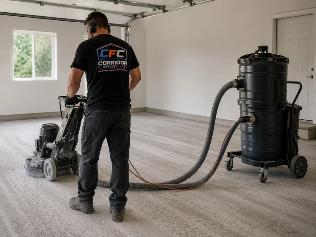 Dust controlled concrete floor grinding in Eastern Iowa