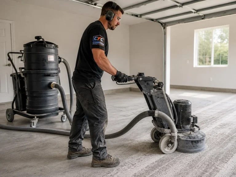 Dust-controlled concrete floor grinding preparation in Eastern Iowa