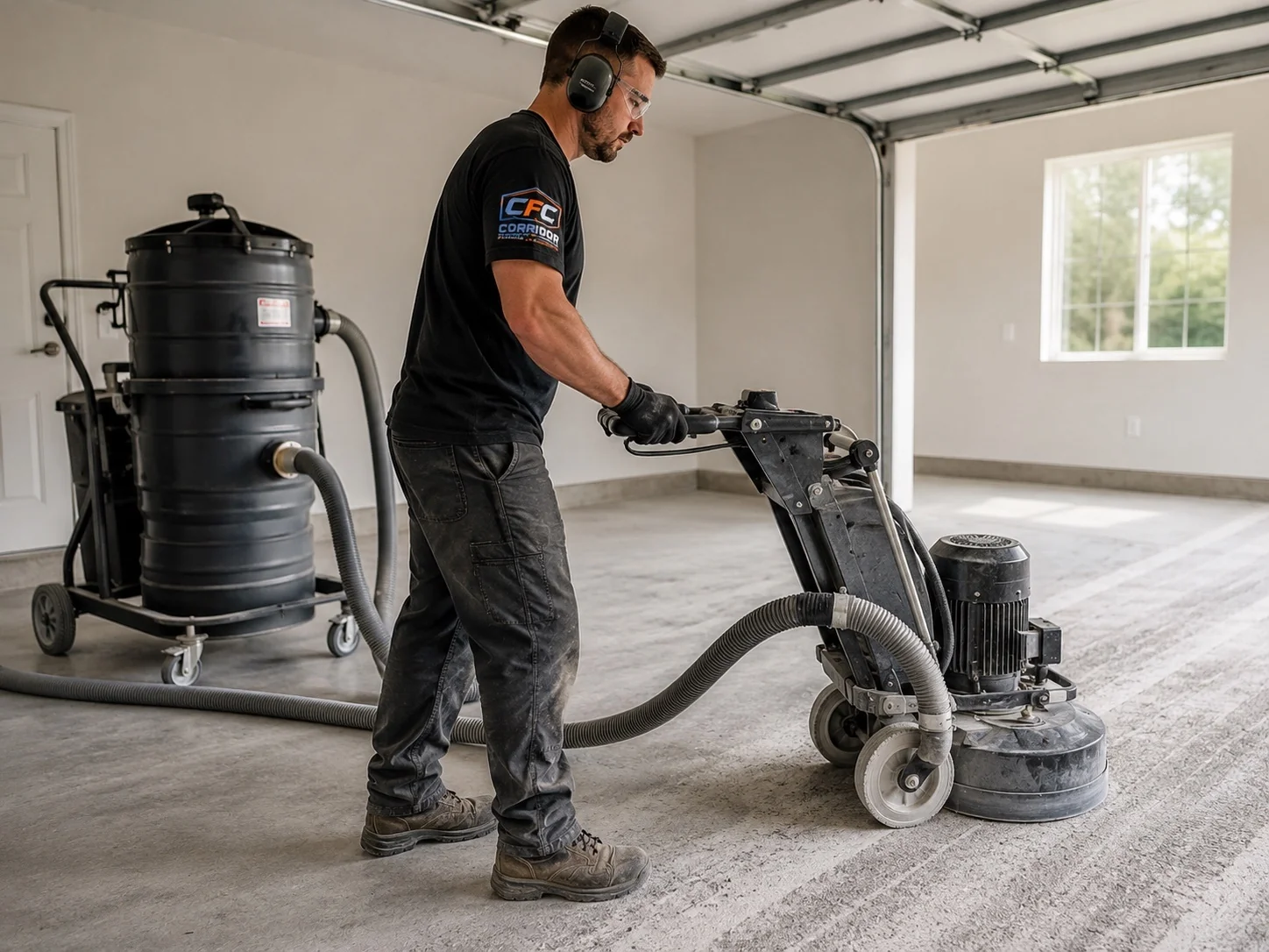 Dust controlled mechanical concrete grinding before a professional floor coating installation in Eastern Iowa