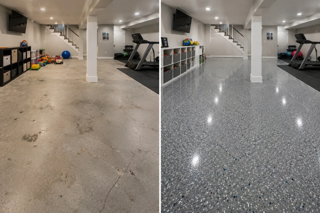 Finished basement home gym shown before and after a glossy gray flake floor coating upgrade in Eastern Iowa.