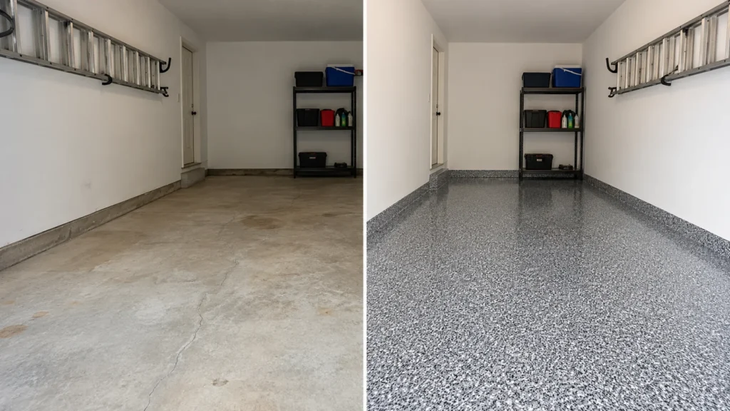 Gray Flake Garage Floor Before And After Epoxy Coating for garage floor coating projects across Eastern Iowa