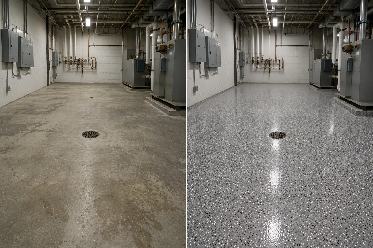 Eastern Iowa mechanical room concrete before and after a professionally installed gray decorative flake floor coating