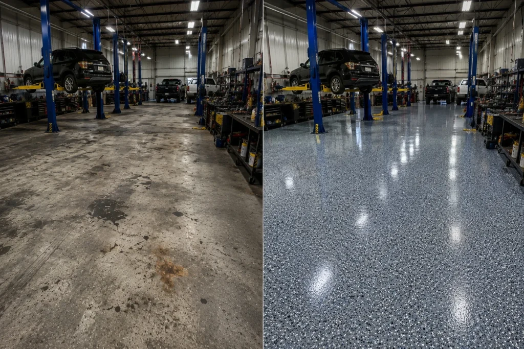 Large Eastern Iowa auto repair shop before and after a blue gray flake floor coating