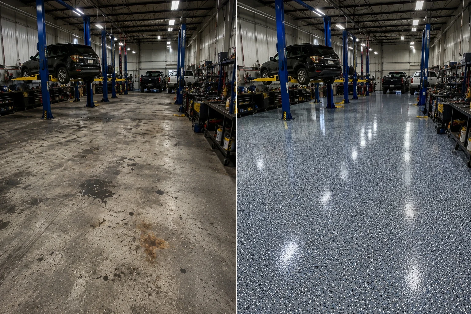Large Eastern Iowa auto repair shop before and after a blue gray decorative flake floor coating