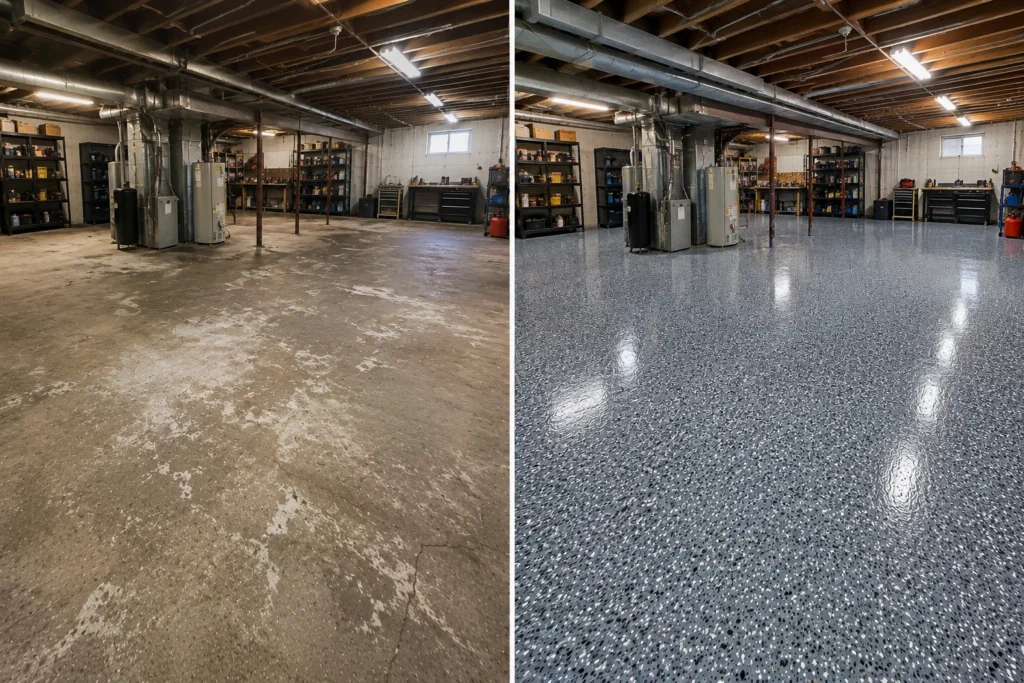 Mechanical basement concrete floor before and after a glossy blue-gray flake floor coating installation in Eastern Iowa.