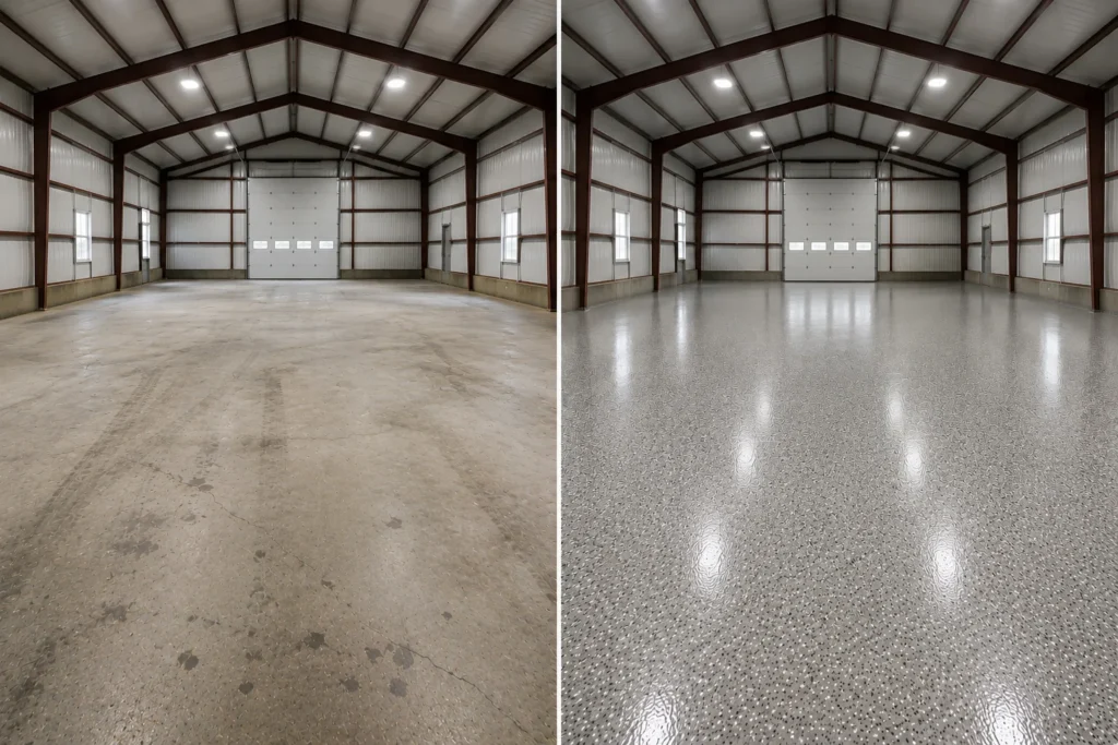 Large metal building concrete floor shown before and after a glossy gray flake epoxy coating in Eastern Iowa.