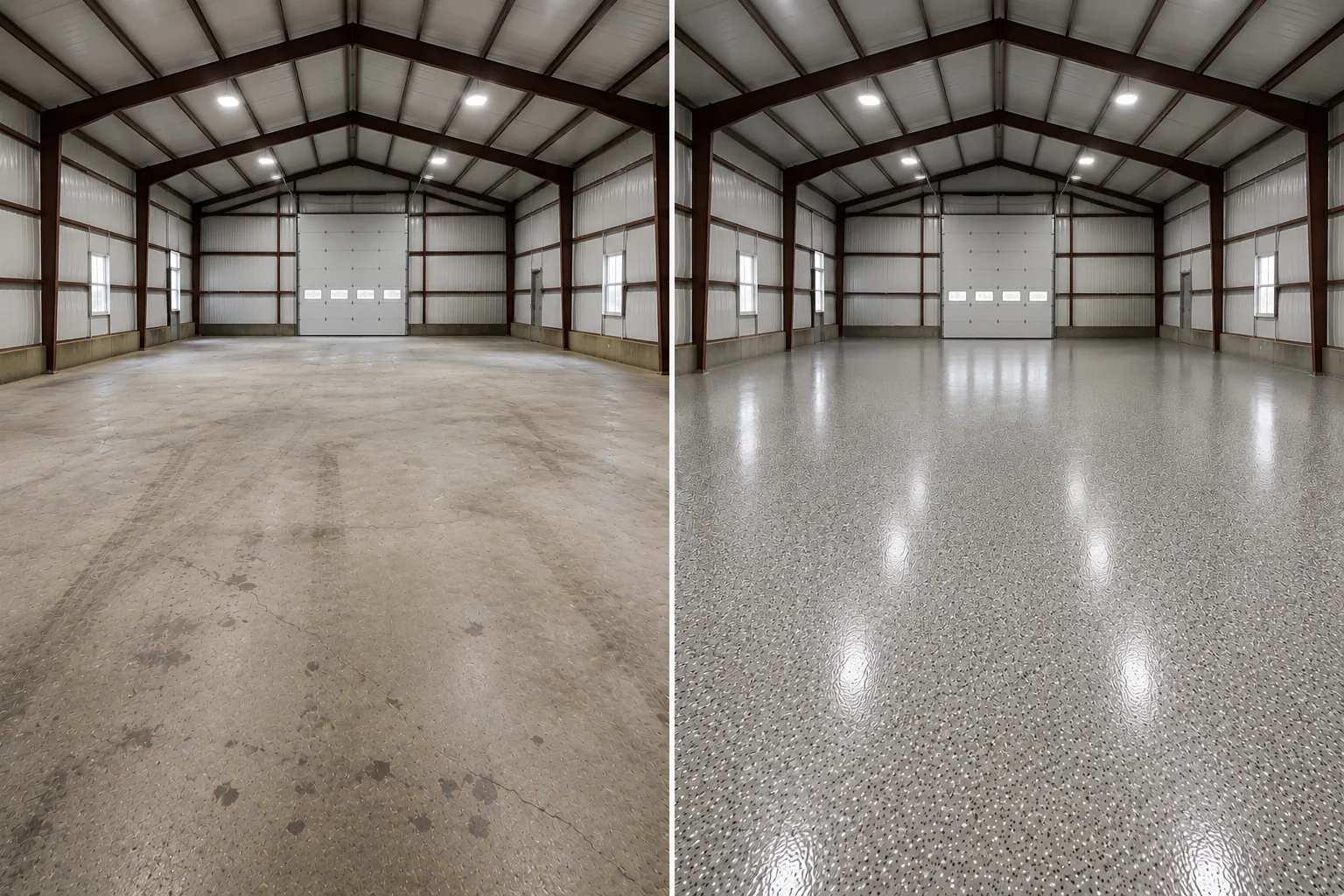 Eastern Iowa metal building concrete before and after a professionally installed gray decorative flake floor coating