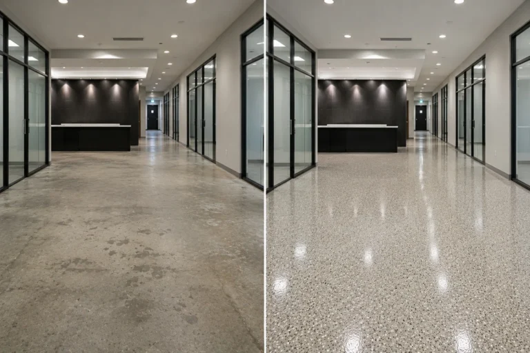 Modern office light gray flake floor coating before and after in Eastern Iowa