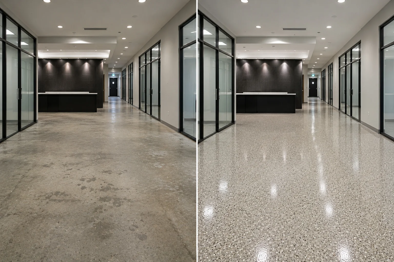 Light gray decorative office floor before and after in Eastern Iowa