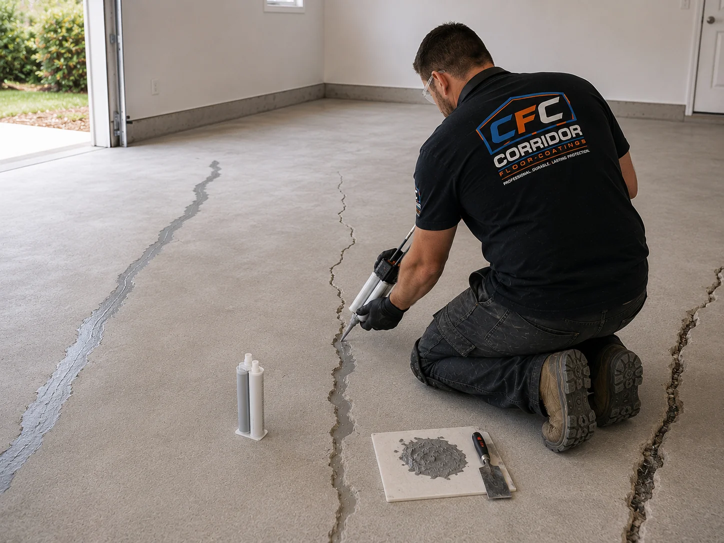 Multiple concrete floor cracks receiving professional preparation and repair in Eastern Iowa