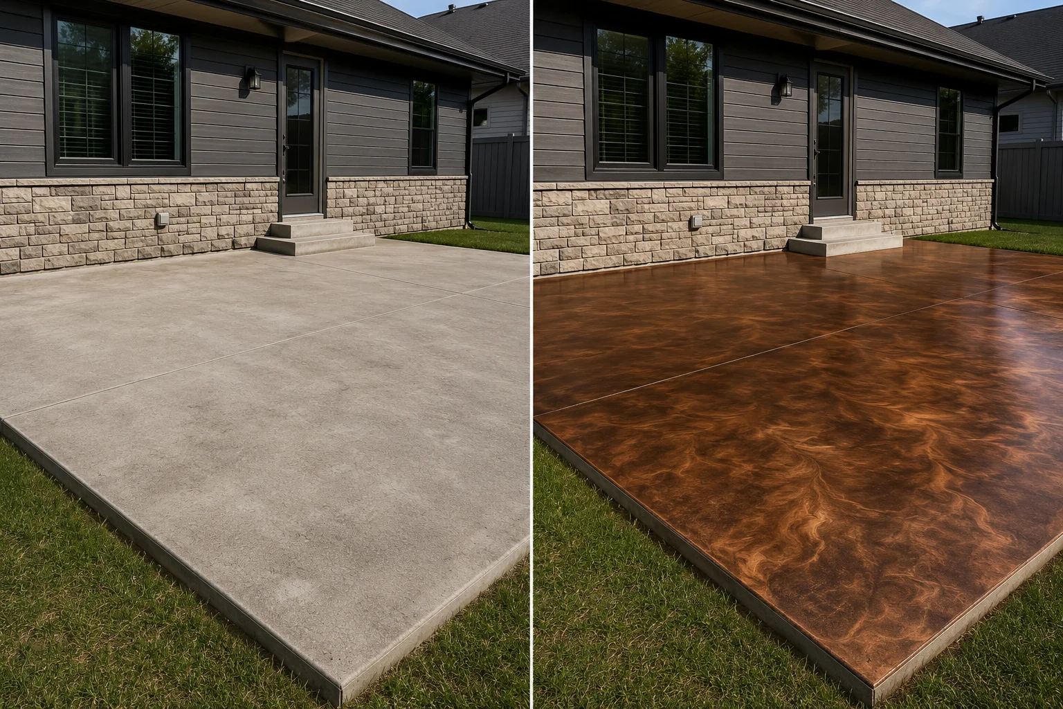 Patio concrete before and after a metallic bronze and copper designer coating in Eastern Iowa