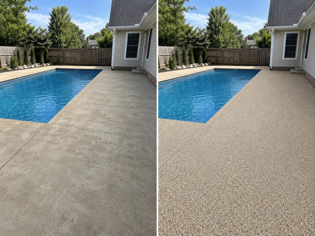 Tan beige cream and light brown flake exterior concrete coating in Eastern Iowa