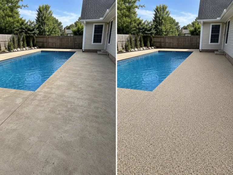 Tan beige cream and light brown flake exterior concrete coating in Eastern Iowa