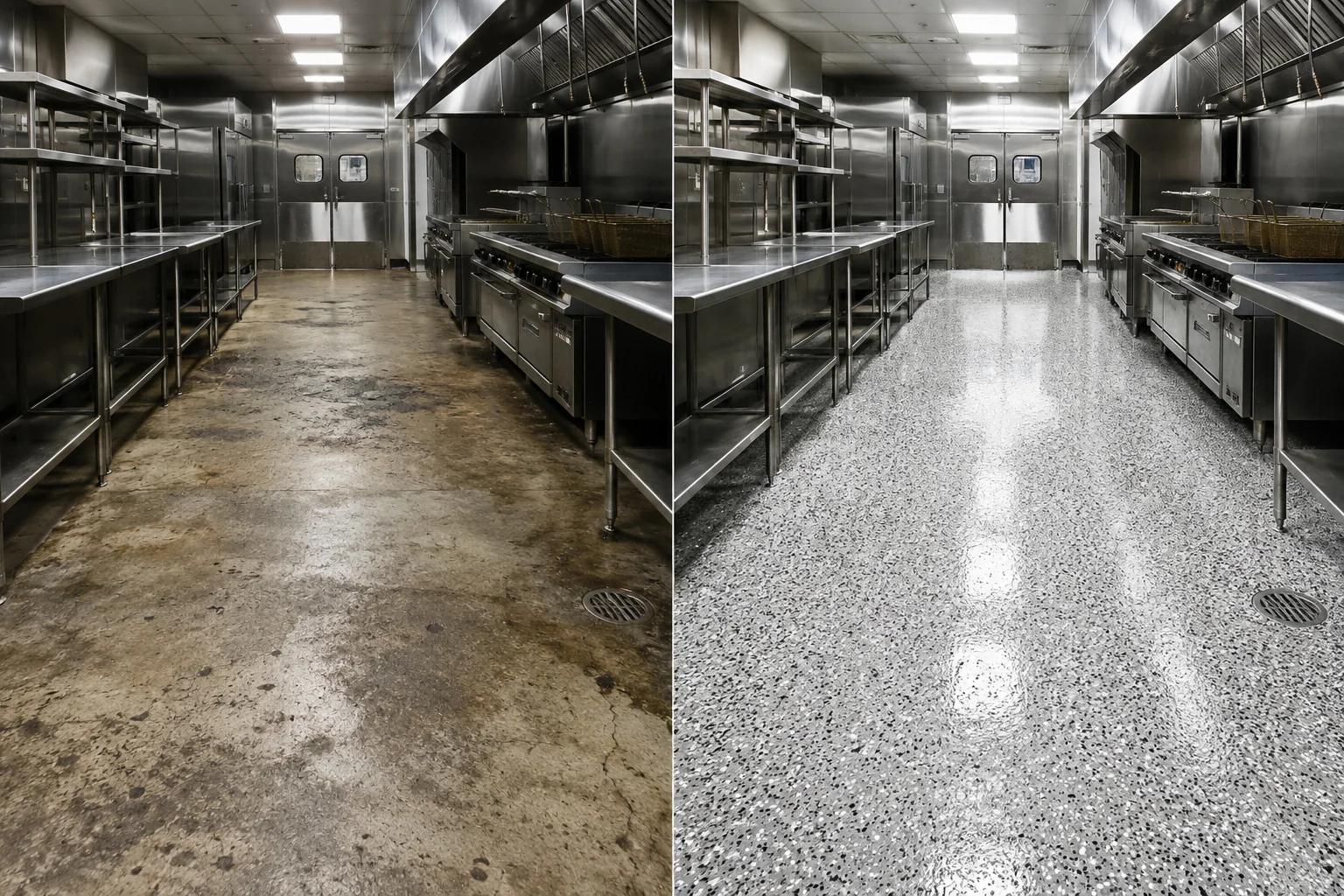 Eastern Iowa restaurant kitchen before and after a professionally installed light gray decorative flake floor coating
